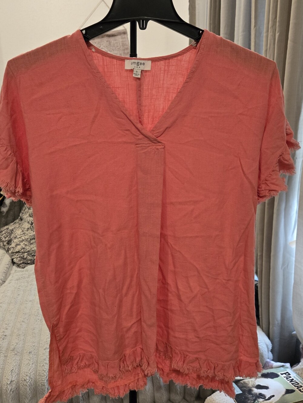 Umgee Coral Fringe V-Neck Short Sleeve Top